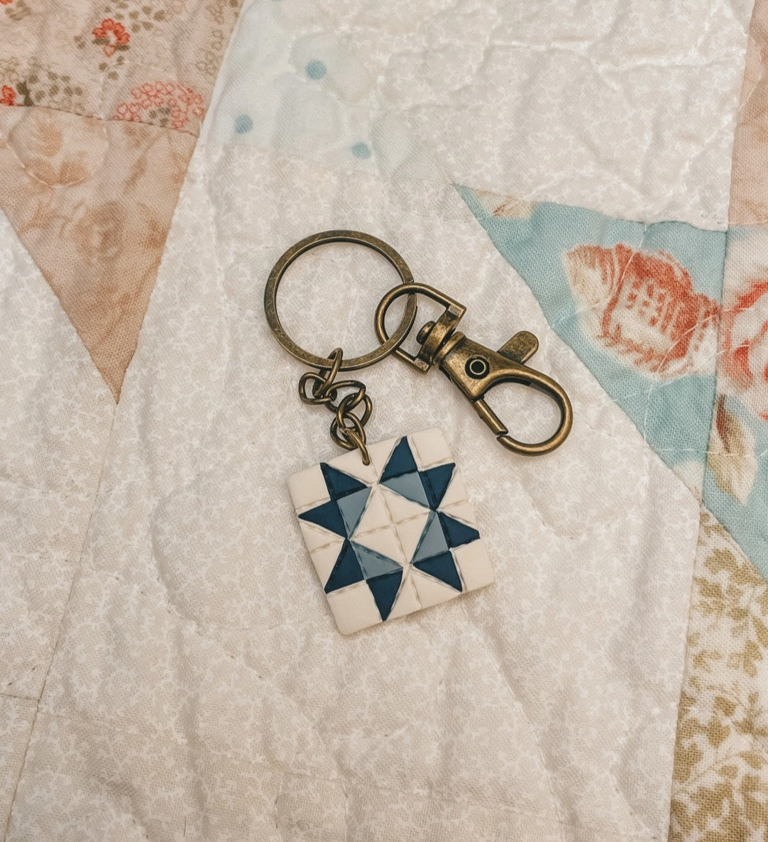 Simple Blues Quilt Block Keychain by Sydni Carlson Art