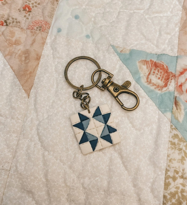 Simple Blues Quilt Block Keychain by Sydni Carlson Art