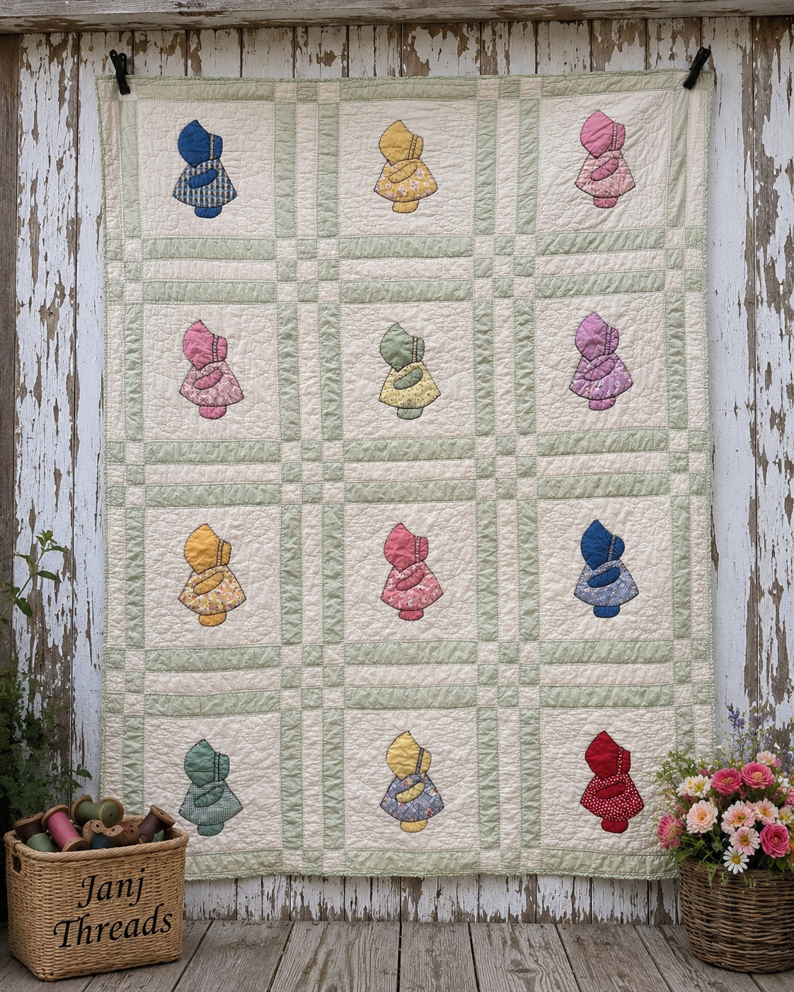Sunbonnet Sue handmade quilted blanket or small quilt hanging on a rustic white wooden wall, featuring a grid of pastel cloaks in blue, yellow, pink, green, and red. The quilt is displayed in a styled setting with a basket of yarn and flowers on a wooden floor.