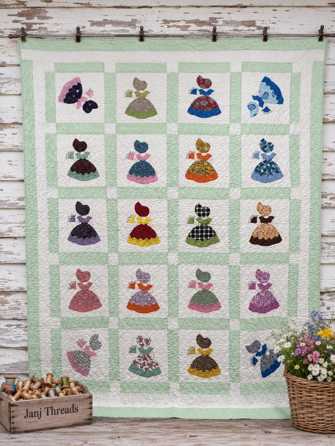 A handmade quilt hanging on a rustic white wooden wall, featuring a grid of embroidered dresses in various colors on a pale green and white checkered background. A wooden crate labeled 'Janj Threads' and a basket of flowers sit at the bottom.