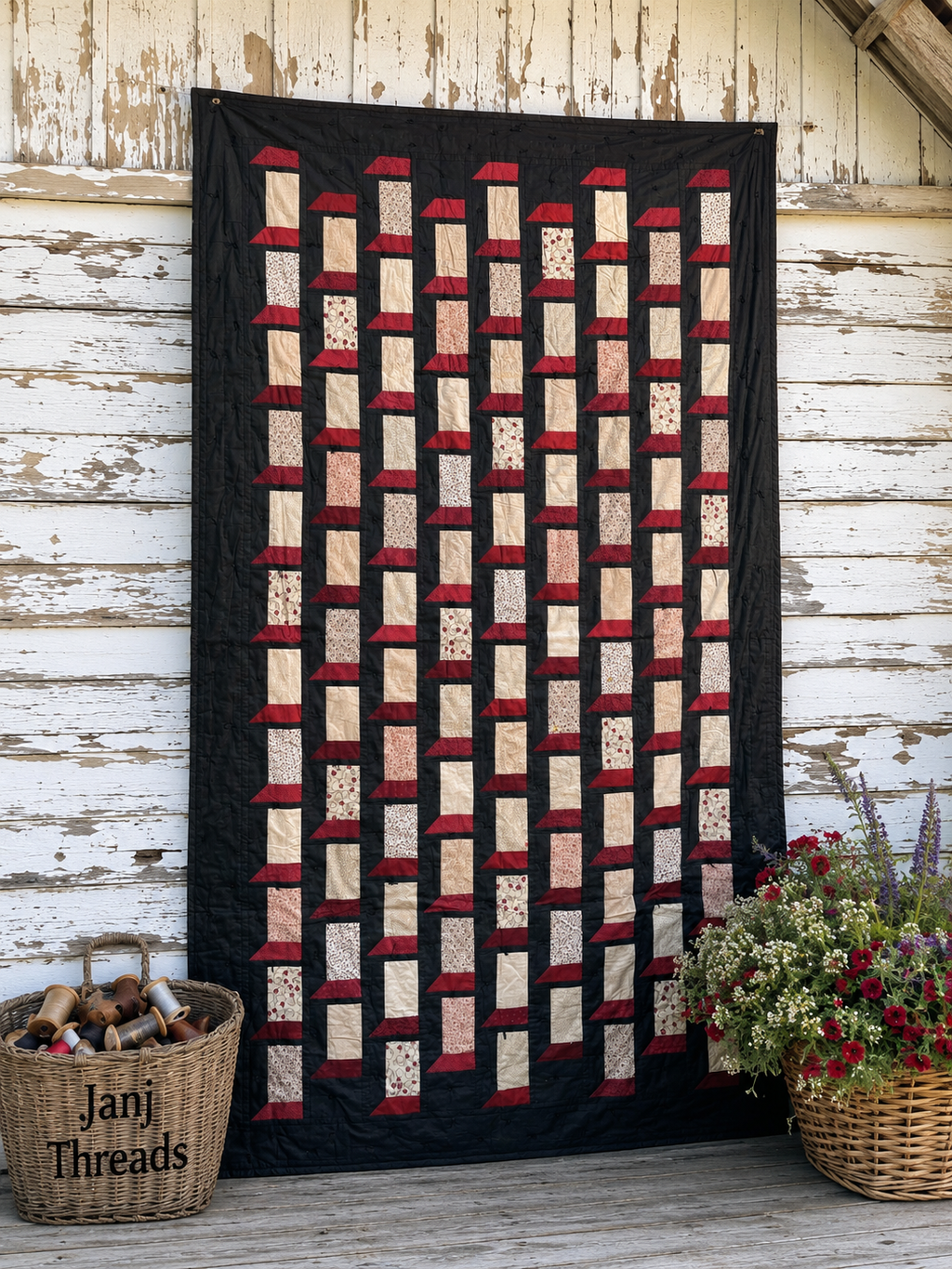 A large patchwork quilt with vertical columns of cream and red fabric blocks on a black background, displayed against a rustic white wood wall. A wicker basket labeled 'Janj Threads' sits at the bottom left, and a flower basket is at the bottom right.