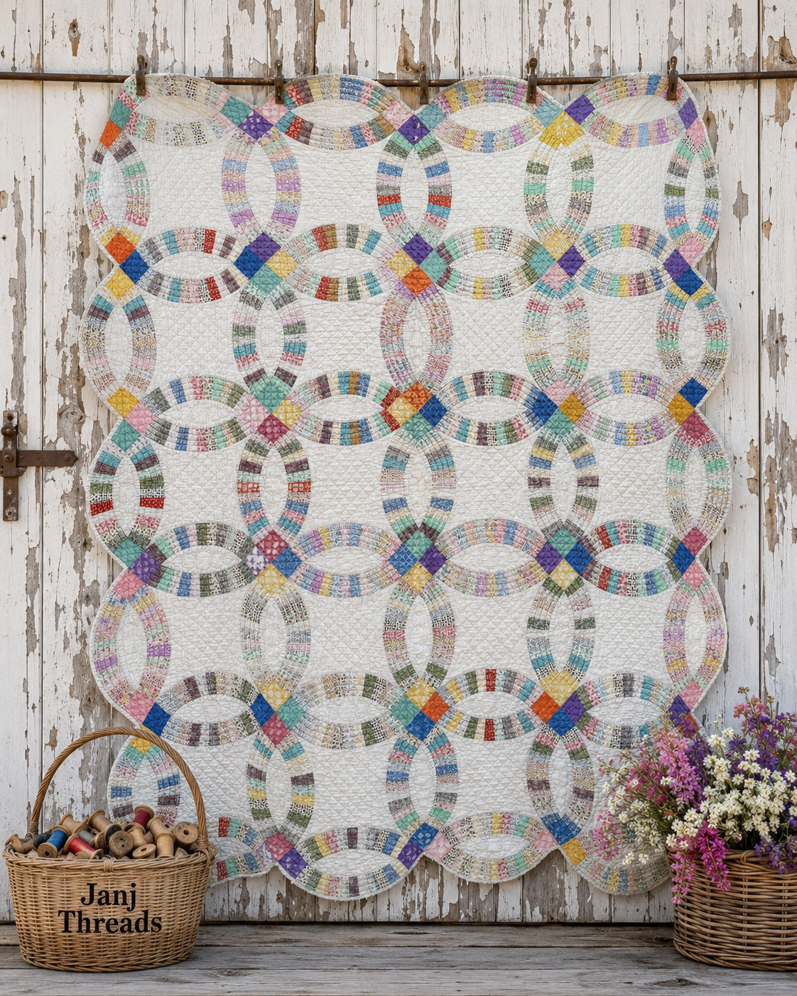 A colorful quilted patchwork blanket with interlocking circular patterns hangs on a rustic white wooden wall. The quilt features a white base with multicolored geometric and striped segments in shades of blue, pink, yellow, green, and orange.