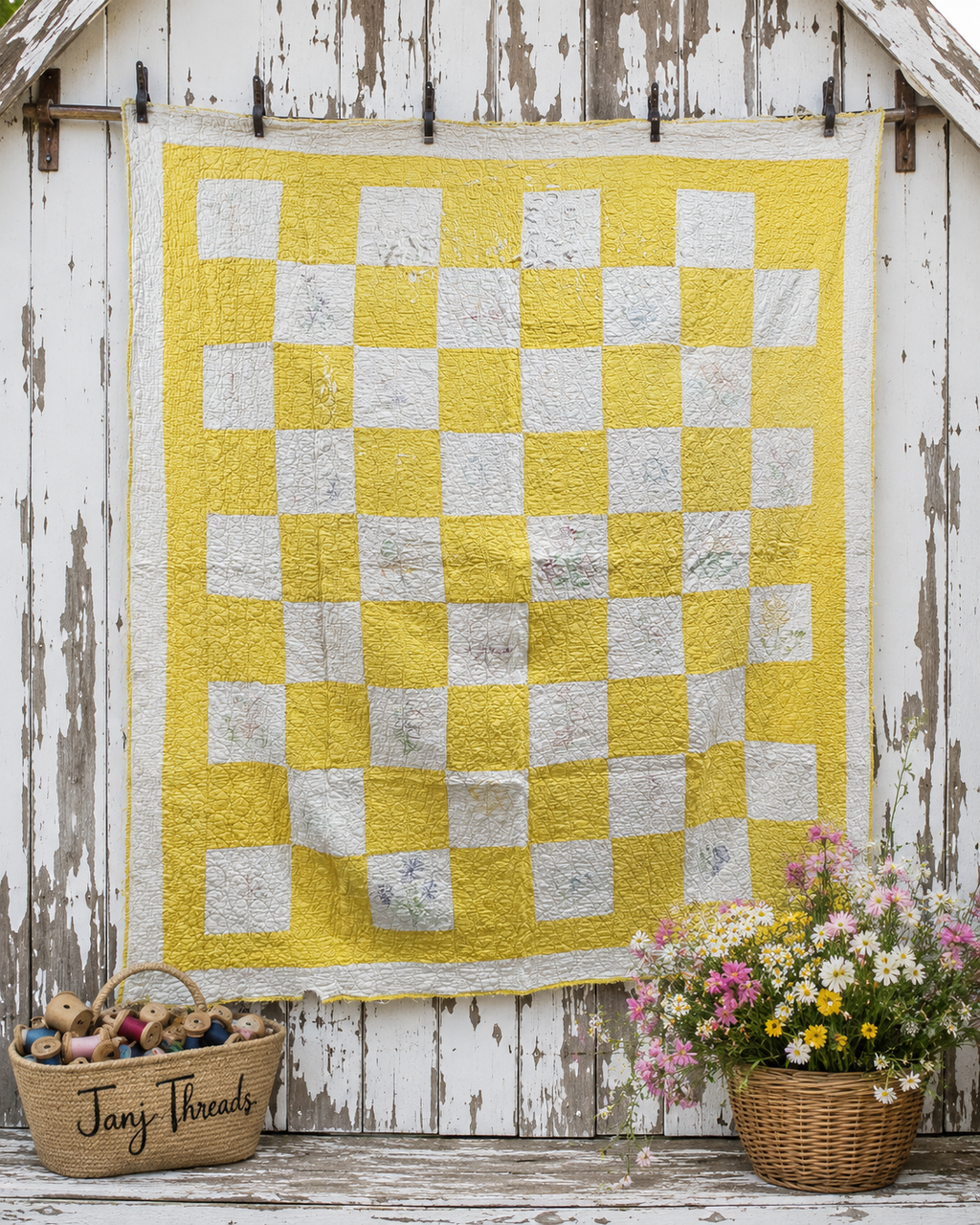 Yellow and white checkerboard quilt