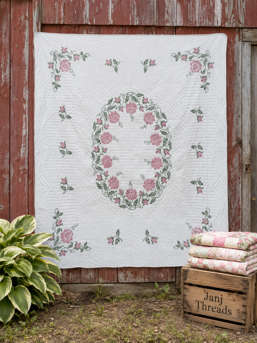 A white quilted patchwork blanket with a pink and green floral oval center and matching corner floral motifs, displayed outdoors against a weathered red wooden barn wall with a plant and a crate of folded matching quilts nearby.