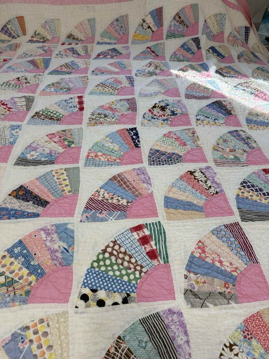 **SOLD** Vintage Grandmother's Fan Pink Feed Sack Quilt **SOLD**