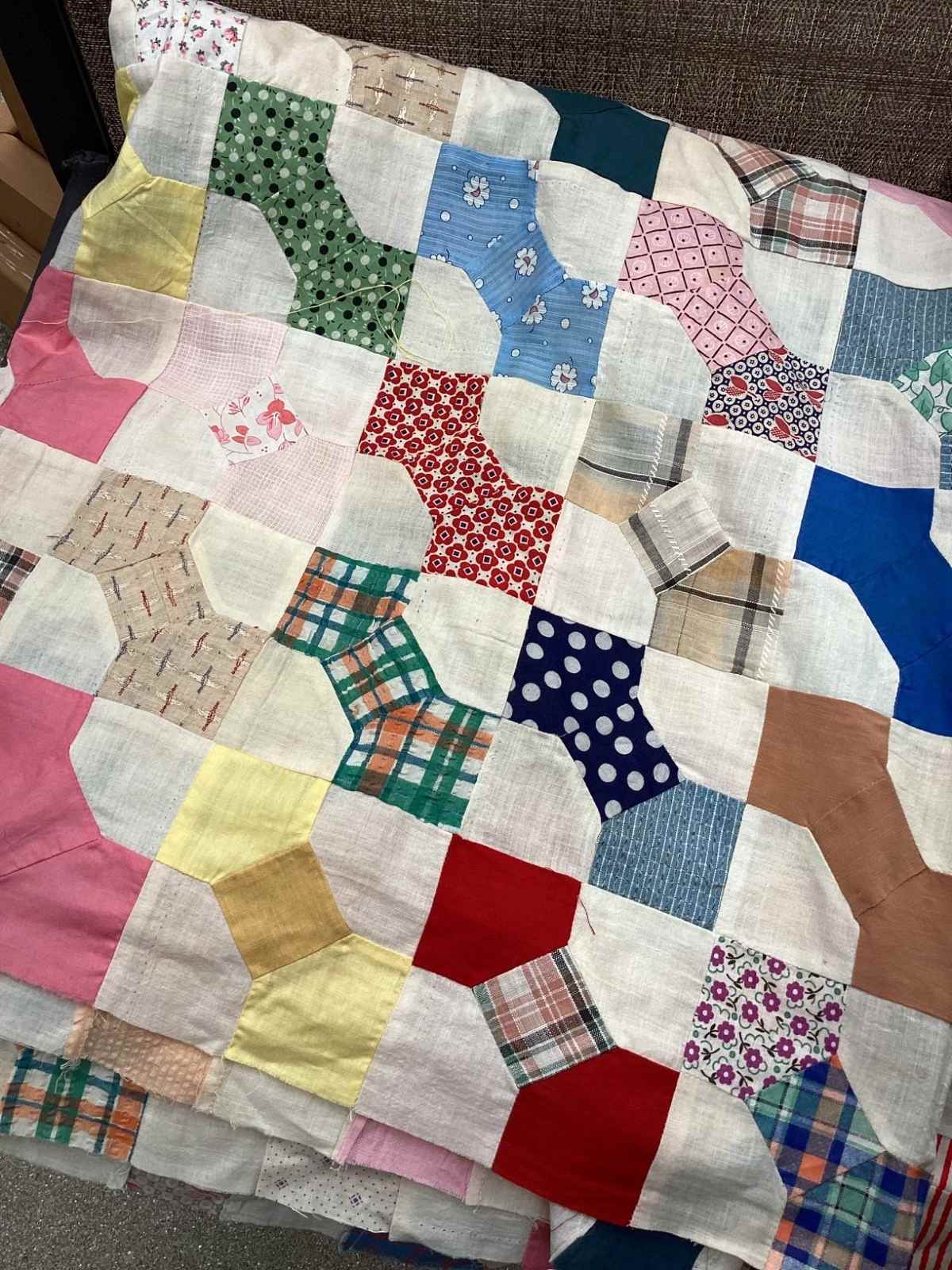 Vintage Quilt Top Snowball Four Patch Feed Sack