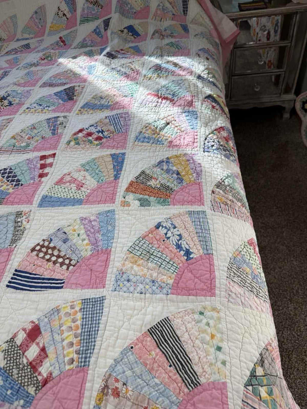 **SOLD** Vintage Grandmother's Fan Pink Feed Sack Quilt **SOLD**