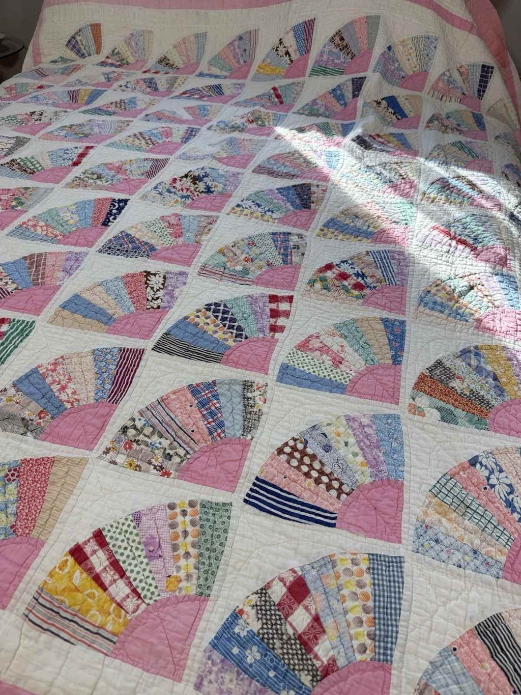 **SOLD** Vintage Grandmother's Fan Pink Feed Sack Quilt **SOLD**