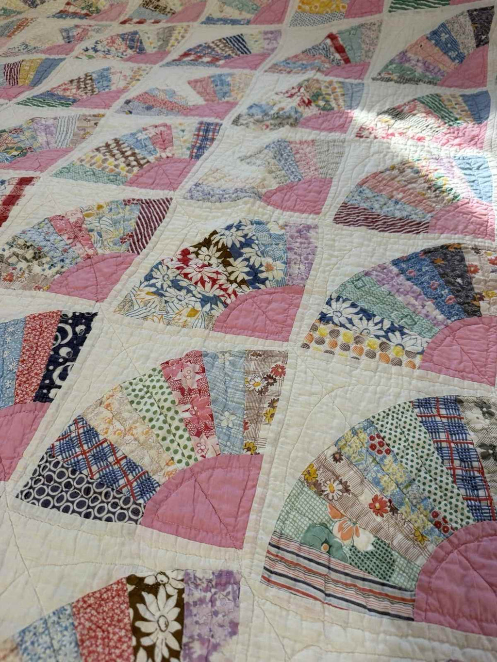 **SOLD** Vintage Grandmother's Fan Pink Feed Sack Quilt **SOLD**